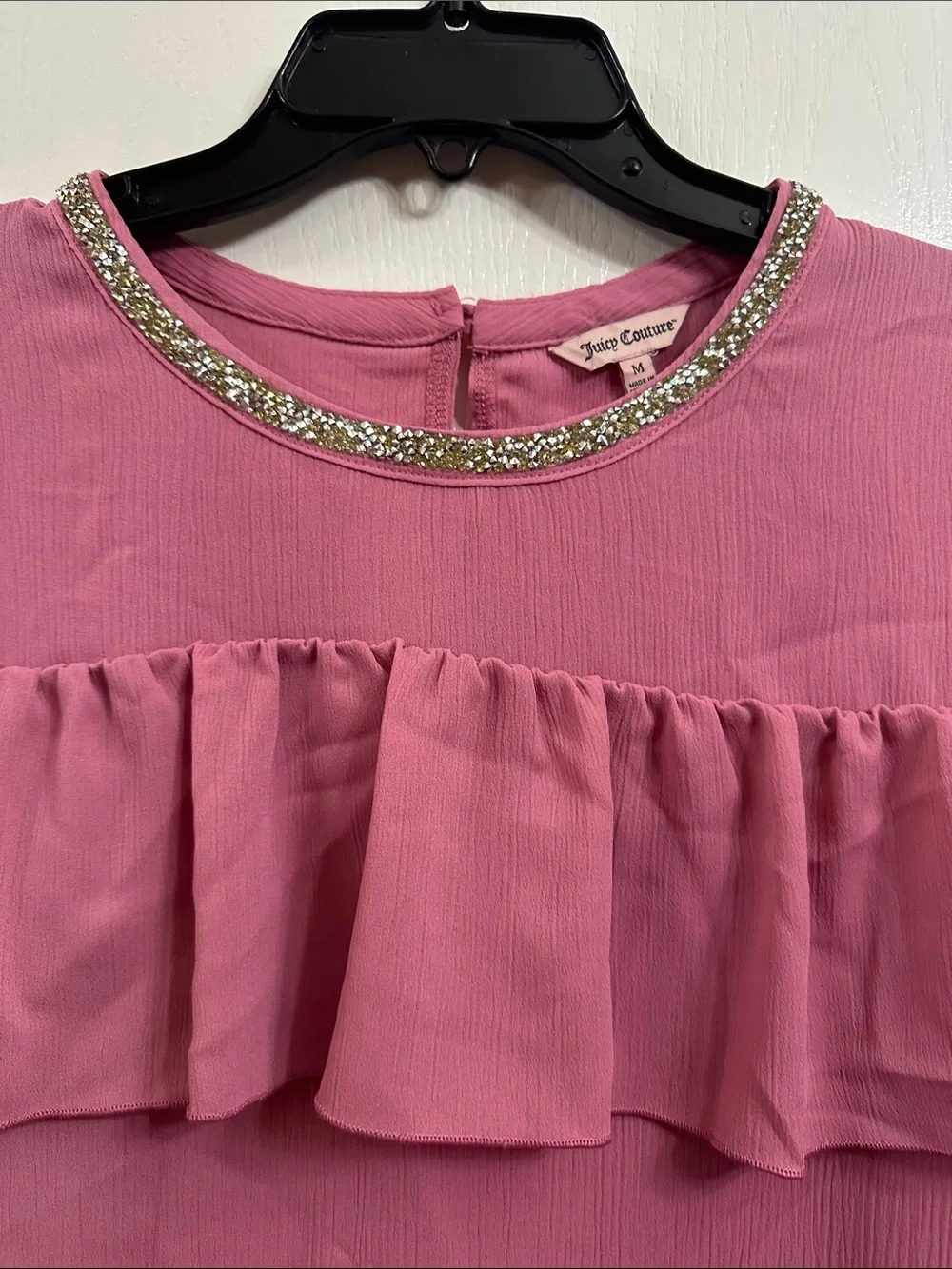 Juicy Couture Rose Pink Ruffle Short-Sleeve Blouse with Jeweled Neckline